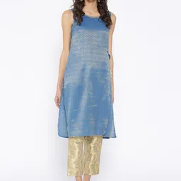 AURELIA Women Blue & Golden Woven Design Straight Kurta-image-87
