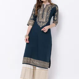 Vishudh Women Navy Blue & Gold-Toned Printed Straight Kurta-image-53