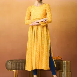 TextileNow Bandhani Printed Pleated Georgette A-Line Kurta-8
