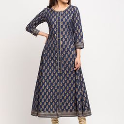 YASH GALLERY Women Blue & Gold-Toned Printed A-Line Kurta-44