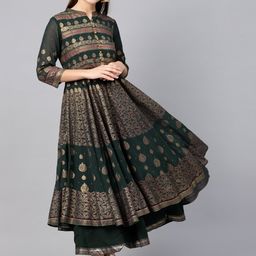 Juniper Women Green & Golden Layered Foil Print  Maxi Dress-image-21