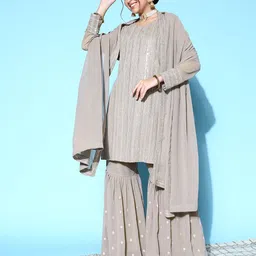 Kvsfab Women Striped Poly-Georgette Shimmer & Sequin Kurta Set-image-43