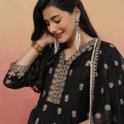 Sangria Floral Embroidered V-Neck Sequinned Anarkali Kurta With Trousers & Dupatta-image-19