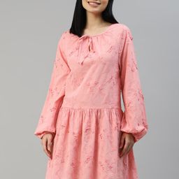 Marks & Spencer Pink Floral Embroidered Pure Cotton A-Line Dress-16