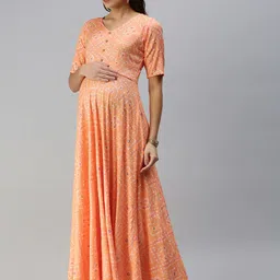 Swishchick Coral Orange & White Ethnic Motifs Printed Maternity Maxi Dress-image-28