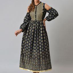 AURELIA Women Black & Beige Ethnic Motifs Pure Cotton Maxi Dress-picture-26