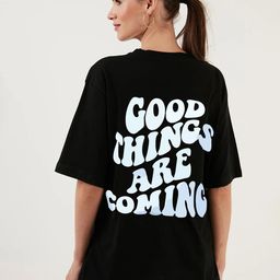 RAYACLOSET Women Typography Printed Extended Sleeves Monochrome Pockets T-shirt-image-85