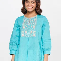 Global Desi Puff Sleeves Floral Embroidered Key-Hole Neck Pure Cotton Top-picture-28