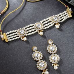 Peora Gold-Plated & White Beaded Stone Studded Choker Necklace with Earring Set-33
