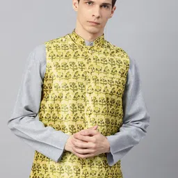 SOJANYA Men Yellow & Green Printed Nehru Jacket-38