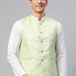 MANQ Green & White Ethnic Motifs Jaquard Woven Design Nehru Jacket-45