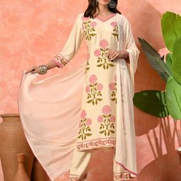 Sangria Women Cream Viscose Slub Block Printed Kurta Pant and Dupatta-image-16