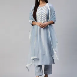 SheWill Women Blue Embroidered Sequinned Kurta with Trousers & Dupatta-picture-1