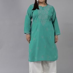 ADA Women Green Ethnic Motifs Embroidered Chikankari Plus Size Kurta-image-94
