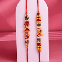 ADIVA Set Of 2 Stone Studded & Beaded Rakhi With Bag & Pooja Thali Roli Chawal Gift Set-1