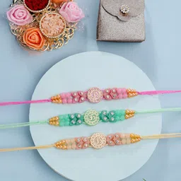 ADIVA Set Of 3 Stone Studded & Beaded Rakhi With Bag & Pooja Thali Roli Chawal Gift Set-8