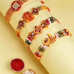 ADIVA Men Set Of 4 Cubic Zirconia Studded Rakhi With Pooja Thali Roli Chawal Gift Set-picture-45