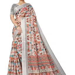 SSHAGUN LIFESTYLE Grey Embellished Printed Geometric Print Bollywood Cotton Linen Saree-picture-1