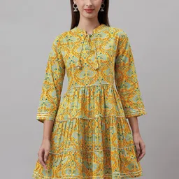 HIGHLIGHT FASHION EXPORT Mustard Yellow & Blue Floral Printed Gotta Patti Tiered Kurti-image-92