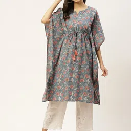Maaesa Women Blue & Peach-Coloured Ethnic Motifs Hand Printed Tie-Up Cotton Kaftan Kurta-38