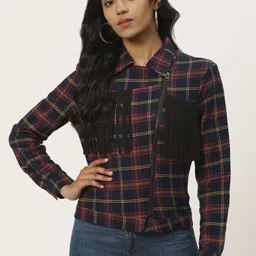 DODO & MOA Women Navy Blue Checked Asymmetric Closure Pure Cotton Tailored Jacket-picture-7