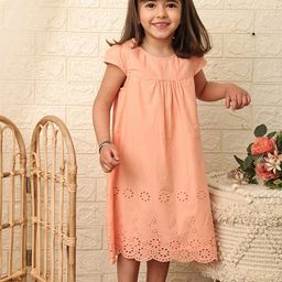 Beebay Girls Cut Out Detailed Round Neck Cap Sleeves Pure Cotton A-Line Dress-image-21