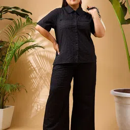 SASSAFRAS Curve Plus Size Black Schiffli Embroidered Pure Cotton Shirt & Trousers Co-Ords-image-37