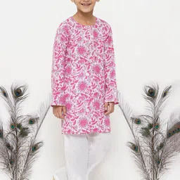Little Bansi Boys Pink Floral Pure Cotton Kurta with Pyjamas-picture-21
