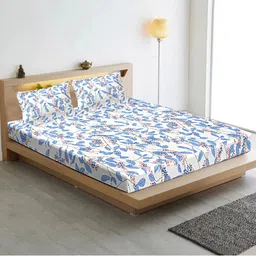 INDHOME LIFE Blue & White Floral Cotton 210 TC Fitted Queen Bedsheet with 2 Pillow Covers-picture-52
