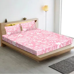 INDHOME LIFE Pink & White Floral Cotton 210 TC Fitted Queen Bedsheet with 2 Pillow Covers-picture-53