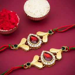 Sukkhi Rakhi Men Set Of 2 Red Gold Plated Rakhi With Roli Chawal & Greeting Card-52