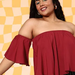 Berrylush Curve Plus Size Off-Shoulder Flared Sleeve Ruffles Crepe Bardot Crop Top-image-64