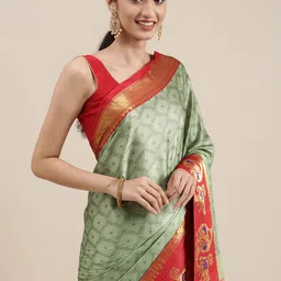 Mitera Green Ethnic Motifs Zari Silk Cotton Banarasi Saree-image-29