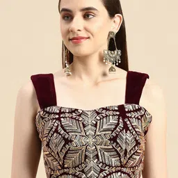 flaher Women Burgundy & Gold-Toned Embroidered Velvet Saree Blouse-picture-28