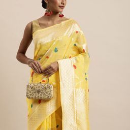 Saree Swarg Yellow & Red Floral Woven Design Banarasi Sarees-image-12