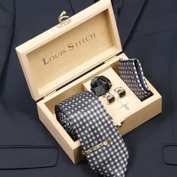 LOUIS STITCH Men Checked Black Italian Silk Necktie Accessory Gift Set-image-70