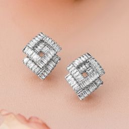 Rubans Rhodium-Plated Baguette Cubic Zirconia Studded Diamond-Shaped Stud Earrings-picture-48