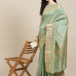 SERONA FABRICS Green Floral Embroidered Woven Design Silk Cotton Saree with Blouse-image-84