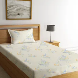 KLOTTHE Off White & Blue Floral Printed 300 TC Fitted Single Bedsheet with Pillow Cover-16