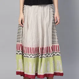 W Off-White & Green Striped Midi A-Line Pure Cotton Skirt-image-61