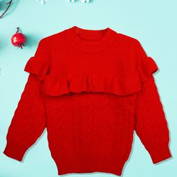 Baby Moo Girls Red Ruffled Jumper Solid Premium Full Sleeves Braided Knit Sweater-31