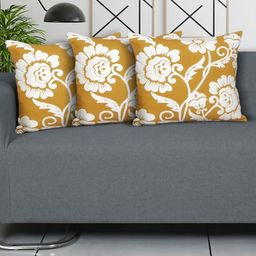 Ode & Cleo 3 Pieces Mustard Yellow & White Embroidered Square Cushion Covers-picture-54