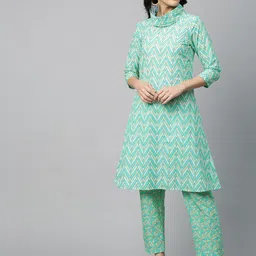 FASHOR Women Multicoloured Printed Pleated Beads and Stones Pure Cotton Kurta with Trousers-image-42