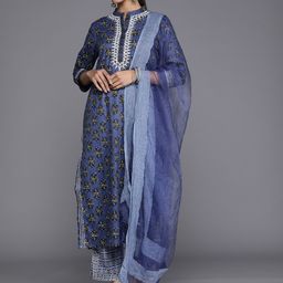 Varanga Women Floral Printed Mirror Work Pure Cotton Kurta With Trousers & With Dupatta-8