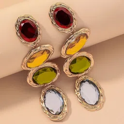 OOMPH Multicoloured Gold-Plated Handcrafted CZ Stone-Studded Oval Drop Earrings-13