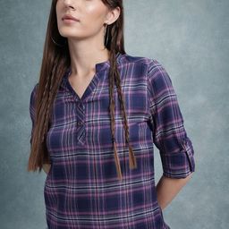 The Roadster Lifestyle Co. Checked Mandarin Collar Shirt Style Top-picture-36