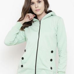 Belle Fille Women Sea Green Lightweight Solid Hooded Sweatshirt-image-103