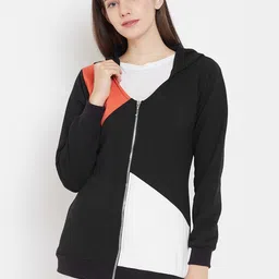 Belle Fille Women Black & Orange Colourblocked Hooded Sweatshirt-image-16