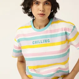 Kook N Keech Women White & Yellow Pure Cotton Striped T-shirt-image-69