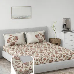 DDecor Brown & Beige Floral Printed Cotton Fitted 145 TC King Bedsheet Set 1.82 m X 1.98 m-13